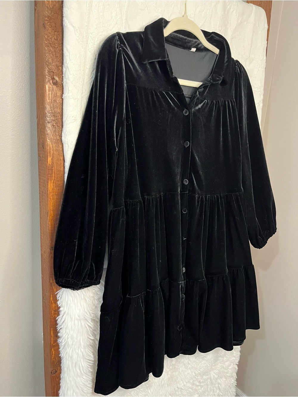 Black Velvet Tiered Long Sleeve Button Down Shirt Dress Tunic Small